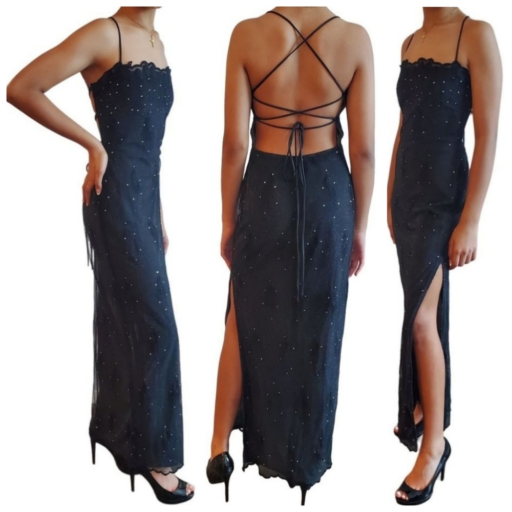 90s/Y2K Vintage Black Lace Up Back Maxi Dress
